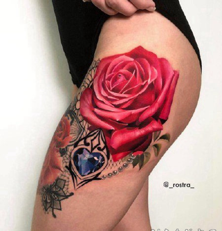 娇艳欲滴的的大红玫瑰纹身图案