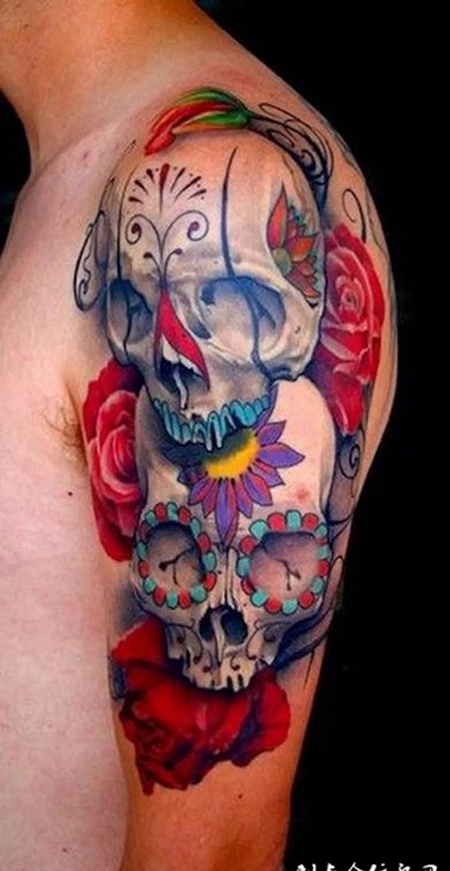 美丽的陷阱，手臂骷髅与玫瑰创意彩绘纹身
