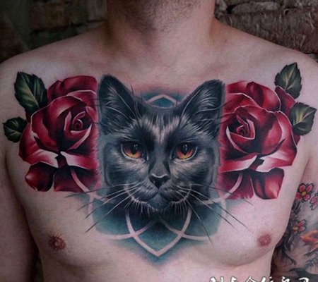 宠爱一生，胸部猫咪玫瑰创意彩绘纹身