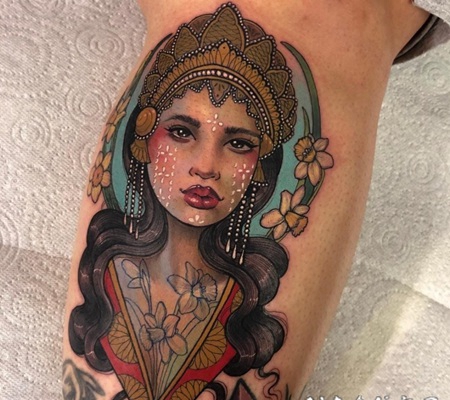 女人头纹身图案 艺术纹身彩绘风格和黑白灰风格的女人头纹身图案