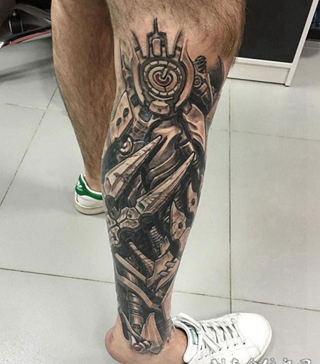器械迷城，小腿D机械创意纹身图案
