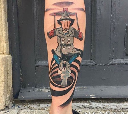 神探佳杰特，小腿充满童趣的卡通彩绘纹身