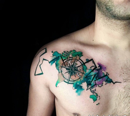 纹身指南针 水彩泼墨的指南针纹身图案