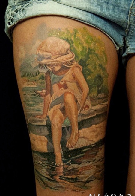 童年的回忆，大腿可爱小女孩彩绘纹身