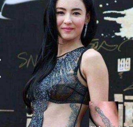 张柏芝的纹身 明星侧腰上黑色的羽毛纹身图片
