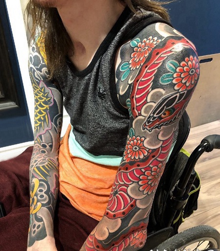 欧美花臂纹身 男生花臂蛇和花朵纹身图片