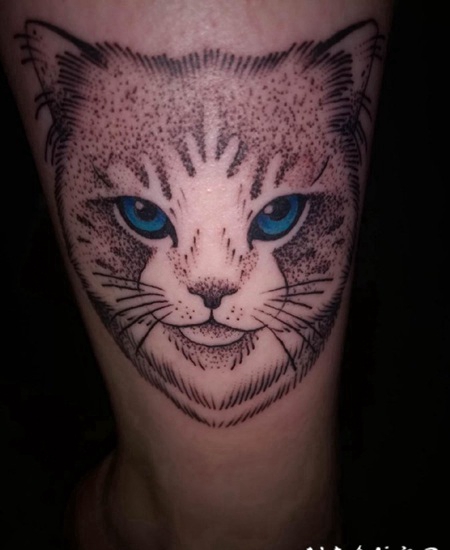 小猫咪纹身 女生小腿上彩绘的小猫咪纹身图片