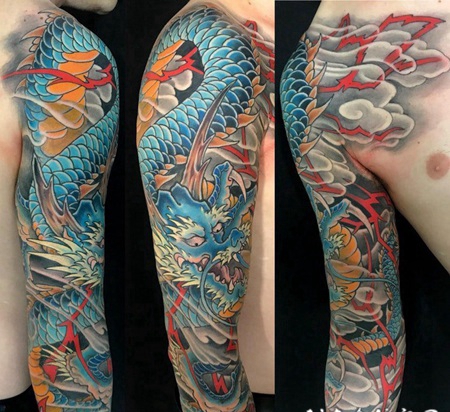 九爪金龙纹身 男生花臂彩绘的九爪金龙纹身图片