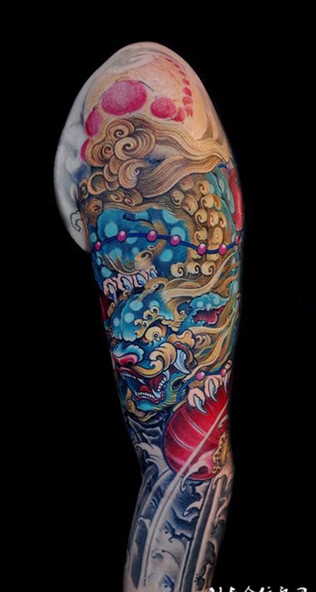 吉祥瑞兽，传统唐狮花臂彩绘纹身