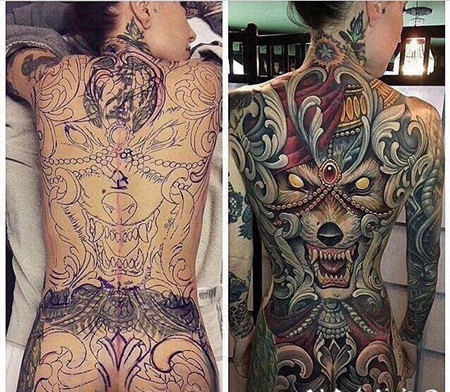 满背动物纹身 女生满背彩绘的动物纹身图片