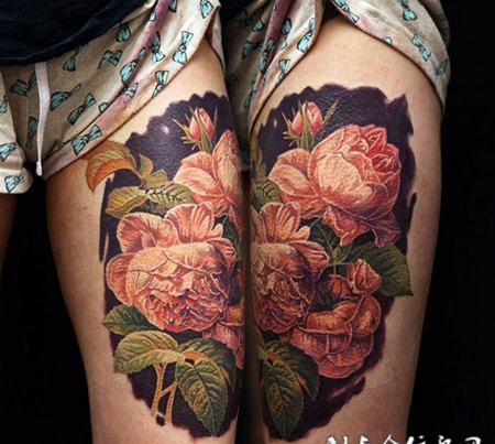 大自然的芬芳，大腿鲜花彩绘纹身图案