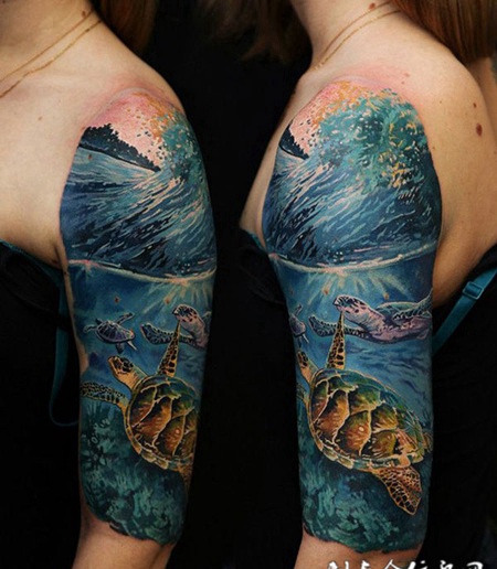 海底的梦幻，手臂海龟潜水彩绘纹身图案