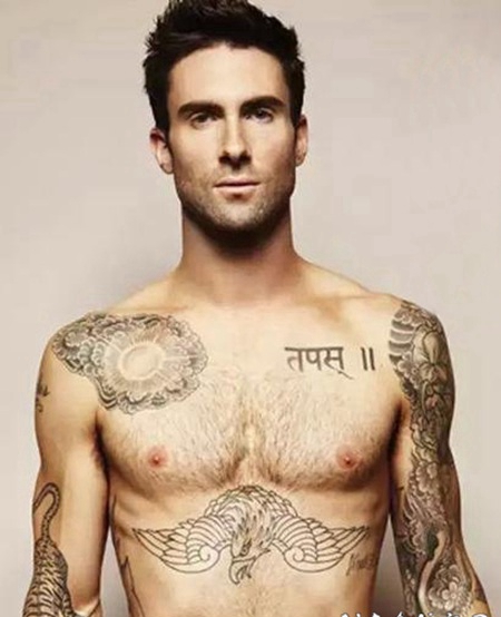 美国纹身明星 亚当.莱文身上黑灰色的动物纹身图片