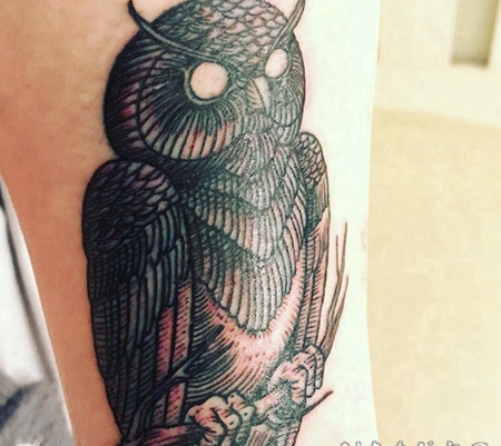 纹身猫头鹰 女生小臂上黑色的猫头鹰纹身图片