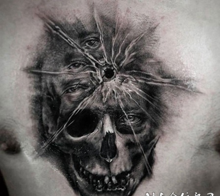 危险弹道，胸口3d子弹孔骷髅纹身