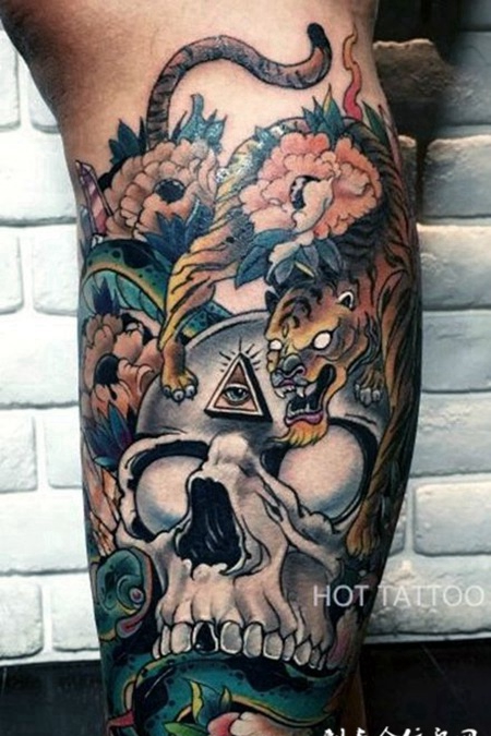 亡灵相伴，小腿school风格老虎骷髅彩绘纹身