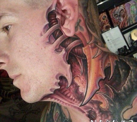 皮肉下的恶魔之魂，颈部恶魔骨骼d纹身