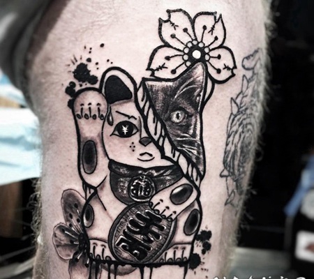 日式招财猫纹身 男生手臂上可爱的招财猫纹身图片