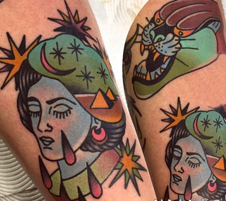 女孩人物纹身图案 女生手臂上人物和动物纹身图片