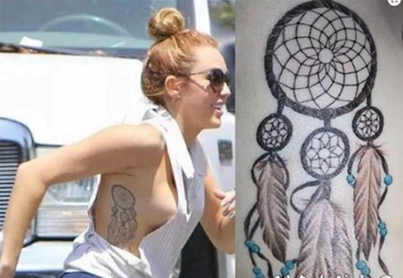美国纹身明星 Miley Cyrus侧腰上的捕梦网纹身图片