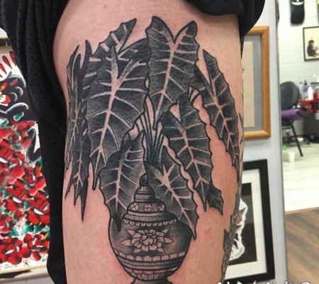 植物纹身 女生大腿上素描的植物纹身图片