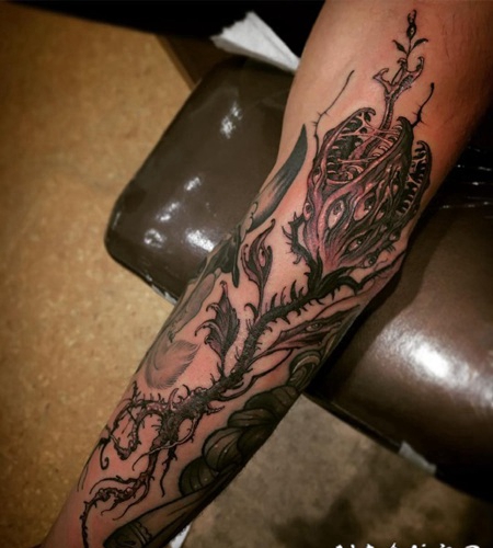 植物纹身 男生手臂上恐怖的食人花纹身图片