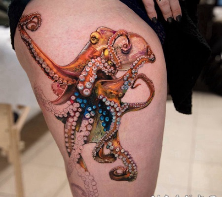 章鱼纹身图案 女生大腿上个性的章鱼纹身图片
