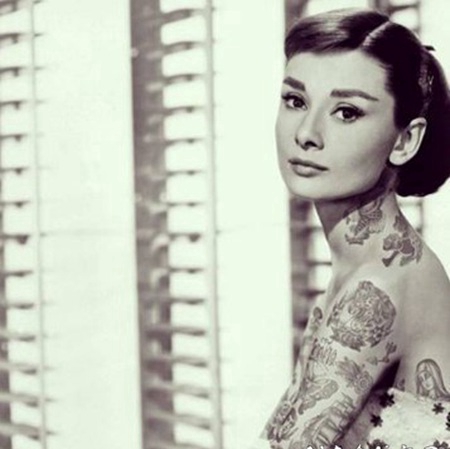 奥黛丽赫本纹身 奥黛丽赫本手臂上蝴蝶和动物纹身图片