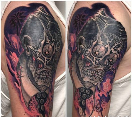 骷髅纹身 男生手臂上彩绘的骷髅纹身图片