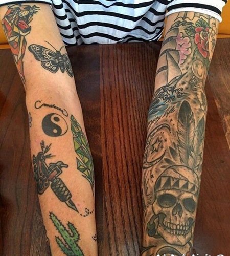 骷髅和花纹身图案 男生手臂上骷髅和花纹身图片