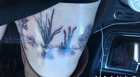 植物纹身 女生大腿上黑灰的植物纹身图片