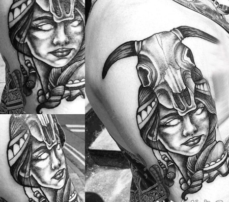 羊头骨纹身 男生大臂上人物和羊头骨纹身图片