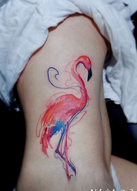 美丽的火烈鸟，侧腰火烈鸟彩绘纹身图案
