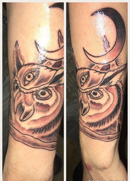 纹身猫头鹰 男生小臂上猫头鹰和月亮纹身图片