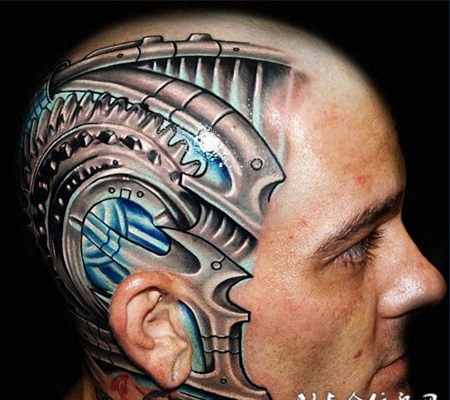 浓浓科幻风,头部机械战甲个性纹身