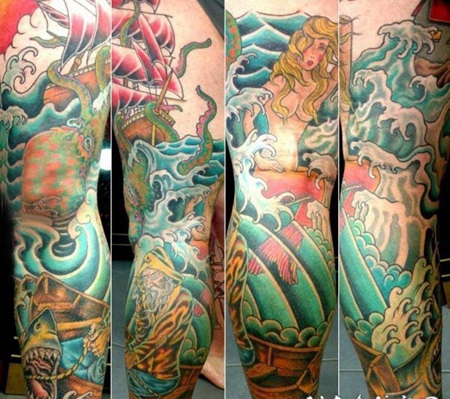 大海风景纹身 男生腿上彩绘的大海风景纹身图片