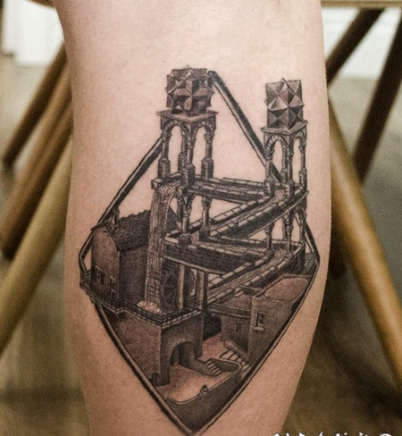 建筑物纹身 女生小腿上黑灰的建筑物纹身图片
