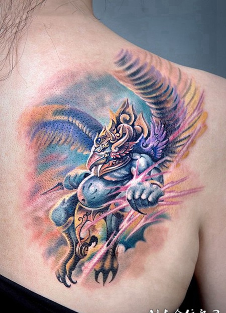 电闪雷鸣，后背雷震子彩绘纹身