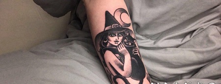 女巫纹身图案 女生手臂上女巫和猫纹身图片