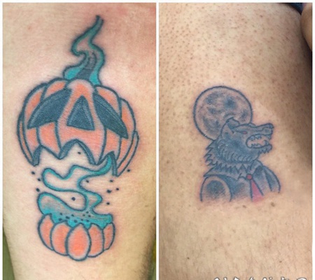 万圣节纹身图案 男生腿上彩色的万圣节纹身图片