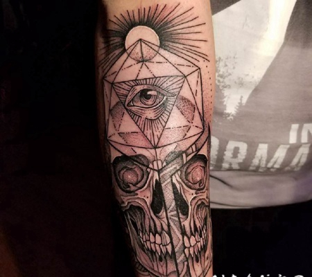 骷髅纹身 男生手臂上骷髅和几何纹身图片