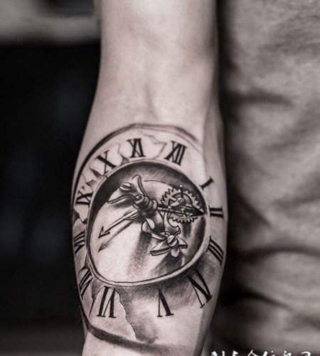 分秒必争，手臂欧美立体怀表纹身图案