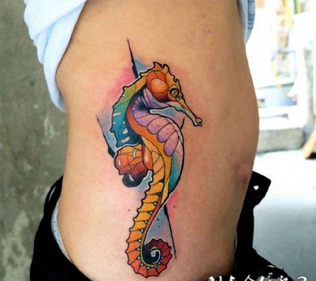 海洋小精灵，侧腰海马彩绘纹身