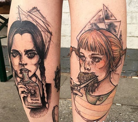 女生人物纹身图案 彩色渐变纹身素描女生人物纹身图案