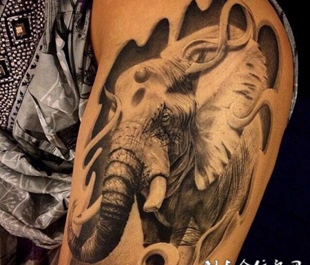 手臂写实大象素描纹身图案