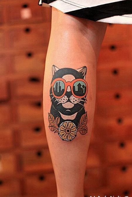 色彩猫咪脚部纹身