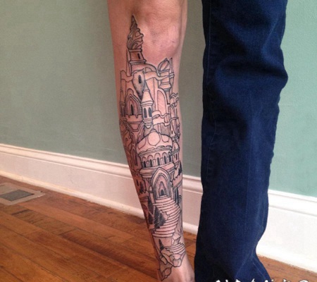 小腿对称纹身 男生小腿上黑色的建筑物纹身图片