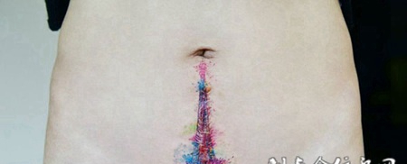 梦幻的色彩腹部埃菲尔铁塔个性纹身