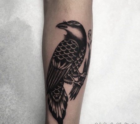 纹身动物 男生手臂上黑色的鸟纹身图片