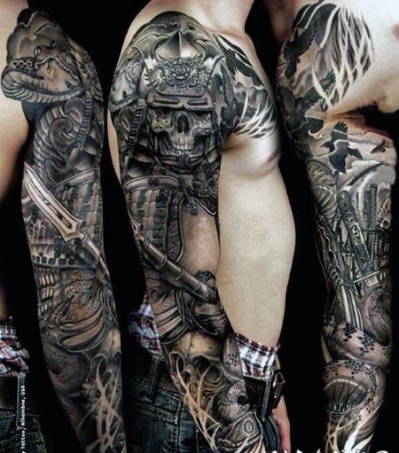 黑灰素描点刺技巧霸气精致武士纹身图案